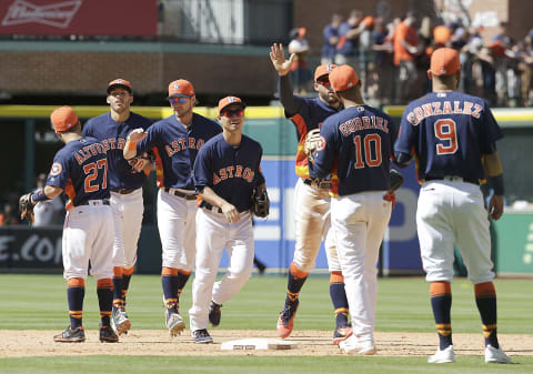 Apr 30, 2017; Houston, TX, USA; The Houston Astros celebrate the win against the Oakland Athletics at Minute Maid Park. Houston Astros won 7 to 2. Mandatory Credit: Thomas B. Shea-USA TODAY Sports