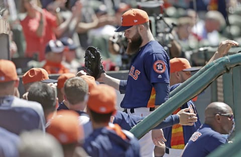 Apr 30, 2017; Houston, TX, USA; Houston Astros starting pitcher Dallas Keuchel (60) is pulled from the game agains the Oakland Athletics in the seventh inning at Minute Maid Park. Houston Astros won 7 to 2. Mandatory Credit: Thomas B. Shea-USA TODAY Sports