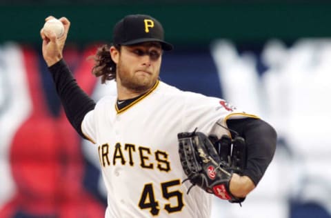 May 6, 2017; Pittsburgh, PA, USA; Pittsburgh Pirates starting pitcher Gerrit Cole (45) delivers a pitch against the Milwaukee Brewers during the first inning at PNC Park. Mandatory Credit: Charles LeClaire-USA TODAY Sports