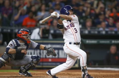 May 24, 2017; Houston, TX, USA; Houston Astros left fielder Norichika Aoki (3) gets an RBI with a sacrifice fly during the fourth inning against the Detroit Tigers at Minute Maid Park. Mandatory Credit: Troy Taormina-USA TODAY Sports