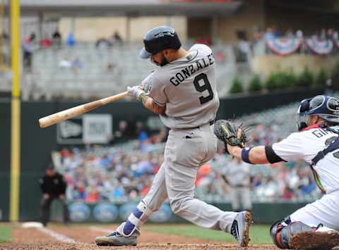 May 29, 2017; Minneapolis, MN, USA; Houston Astros first baseman Marwin Gonzalez (9) doubles during the ninth inning against the Minnesota Twins at Target Field. Mandatory Credit: Marilyn Indahl-USA TODAY Sports