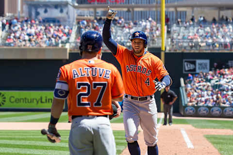 May 31, 2017; Minneapolis, MN, USA; Houston Astros outfielder Springer (4) celebrates his home run in the seventh inning against the Minnesota Twins at Target Field. Mandatory Credit: Brad Rempel-USA TODAY Sports