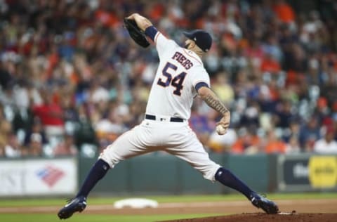 Jun 10, 2017; Houston, TX, USA; Houston Astros starting pitcher Mike Fiers (54) delivers a pitch during the first inning against the Los Angeles Angels at Minute Maid Park. Mandatory Credit: Troy Taormina-USA TODAY Sports