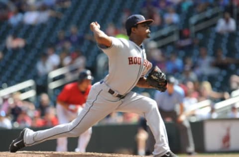 Aug 11, 2016; Minneapolis, MN, USA; Houston Astros pitcher Jandel Gustave (61) delivers a pitch during the ninth inning against the Minnesota Twins at Target Field. The Astros win 15-7 over the Twins. Mandatory Credit: Marilyn Indahl-USA TODAY Sports