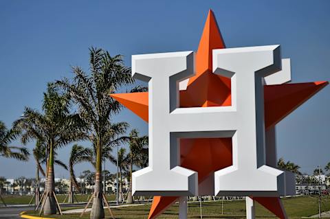 Feb 15, 2017; West Palm Beach, FL, USA; A general view of the Houston Astros logo mounted at the Ballpark of the Palm Beaches. Mandatory Credit: Jasen Vinlove-USA TODAY Sports