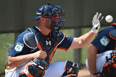 Feb 15, 2017; West Palm Beach, FL, USA; Houston Astros catcher Brian McCann (16) catches during spring training workouts at the Ballpark of the Palm Beaches. Mandatory Credit: Jasen Vinlove-USA TODAY Sports