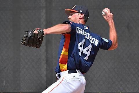 Feb 15, 2017; West Palm Beach, FL, USA; Houston Astros relief pitcher Luke Gregerson (44) throws during spring training workouts at the Ballpark of the Palm Beaches. Mandatory Credit: Jasen Vinlove-USA TODAY Sports