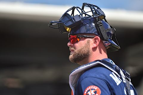 Feb 15, 2017; West Palm Beach, FL, USA; Houston Astros catcher Brian McCann (16) looks on during spring training workouts at the Ballpark of the Palm Beaches. Mandatory Credit: Jasen Vinlove-USA TODAY Sports