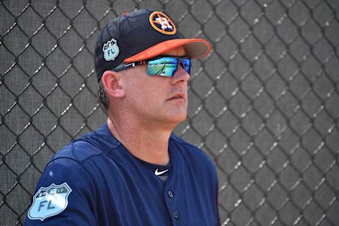 Feb 15, 2017; West Palm Beach, FL, USA; Houston Astros manager A.J. Hinch (14) looks on during spring training workouts at the Ballpark of the Palm Beaches. Mandatory Credit: Jasen Vinlove-USA TODAY Sports