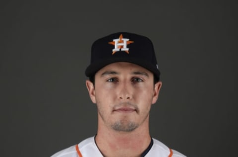 Feb 19, 2017; West Palm Beach, FL, USA; Houston Astros catcher Garrett Stubbs (72) poses during spring training media day at The Ballpark of the Palm Beaches. Mandatory Credit: Steve Mitchell-USA TODAY Sports