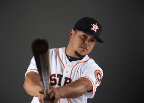 Feb 19, 2017; West Palm Beach, FL, USA; Houston Astros catcher Juan Centeno (30) poses during spring training media day at The Ballpark of the Palm Beaches. Mandatory Credit: Steve Mitchell-USA TODAY Sports