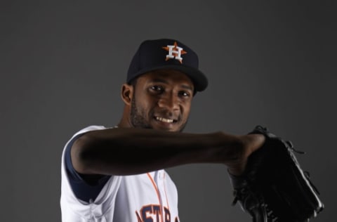 Feb 19, 2017; West Palm Beach, FL, USA; Houston Astros relief pitcher Reymin Guduan (64) poses during spring training media day at The Ballpark of the Palm Beaches. Mandatory Credit: Steve Mitchell-USA TODAY Sports