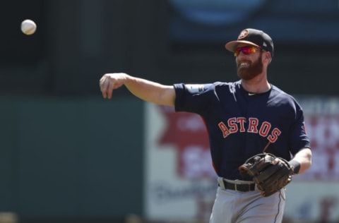 Feb 26, 2017; Lake Buena Vista, FL, USA; Houston Astros third baseman Colin Moran (19) warms up before a game against the Atlanta Braves at Champion Stadium. Mandatory Credit: Logan Bowles-USA TODAY Sports