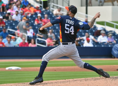 Feb 28, 2017; West Palm Beach, FL, USA; Houston Astros starting pitcher Mike Fiers (54) delivers a pitch against the Washington Nationals at The Ballpark of the Palm Beaches. Mandatory Credit: Jasen Vinlove-USA TODAY Sports