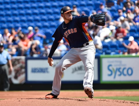 Mar 10, 2017; Port St. Lucie, FL, USA; Houston Astros starting pitcher Joe Musgrove (59) delivers a pitch against the New York Mets during a spring training game at First Data Field. Mandatory Credit: Steve Mitchell-USA TODAY Sports