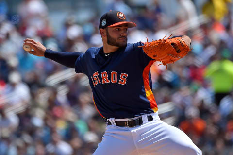 Mar 19, 2017; West Palm Beach, FL, USA; Houston Astros starting pitcher Lance McCullers (43) delivers a pitch against the New York Yankees during a spring training game at The Ballpark of the Palm Beaches. Mandatory Credit: Jasen Vinlove-USA TODAY Sports