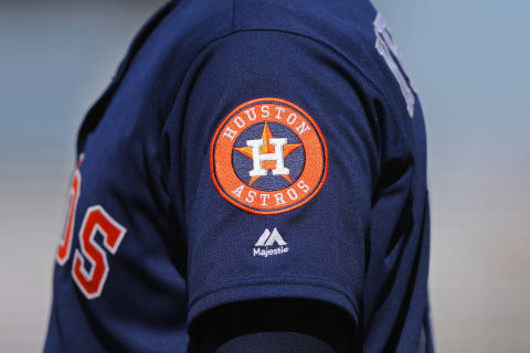 Mar 17, 2017; Fort Myers, FL, USA; A view of the Houston Astros logo on a Majestic Athletic jersey at JetBlue Park. The Astros won 6-2. Mandatory Credit: Aaron Doster-USA TODAY Sports