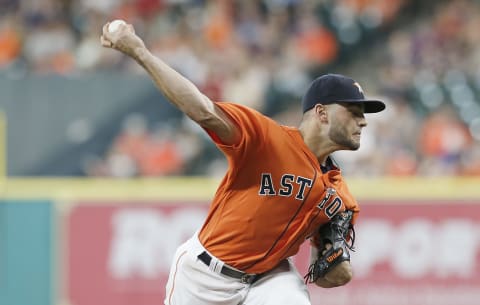 Jul 22, 2016; Houston, TX, USA; Houston Astros starting pitcher Lance McCullers (43) pitches against the Los Angeles Angels in the second inning at Minute Maid Park. Mandatory Credit: Thomas B. Shea-USA TODAY Sports