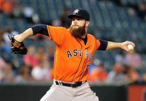 Aug 21, 2016; Baltimore, MD, USA; Astros pitcher Dallas Keuchel (60) throws a pitch during the game against the Baltimore Orioles at Oriole Park at Camden Yards. Mandatory Credit: Evan Habeeb-USA TODAY Sports