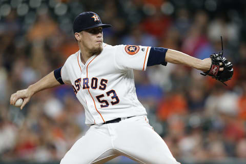 Sep 13, 2016; Houston, TX, USA; Astros relief pitcher Ken Giles (53) pitches against the Texas Rangers in the ninth inning at Minute Maid Park. Texas won 3 to 2. Mandatory Credit: Thomas B. Shea-USA TODAY Sports