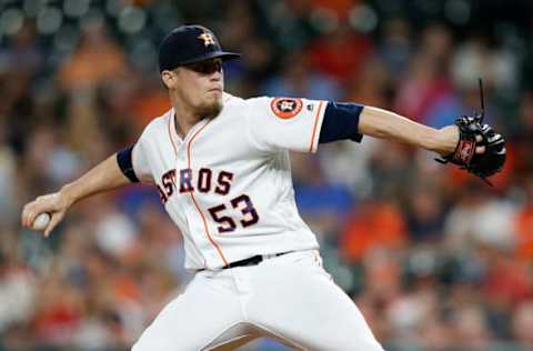 Sep 13, 2016; Houston, TX, USA; Houston Astros relief pitcher Ken Giles (53) pitches against the Texas Rangers in the ninth inning at Minute Maid Park. Texas won 3 to 2 . Mandatory Credit: Thomas B. Shea-USA TODAY Sports