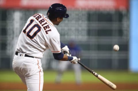 Sep 12, 2016; Houston, TX, USA; Houston Astros designated hitter Yulieski Gurriel (10) bats during the game against the Texas Rangers at Minute Maid Park. Mandatory Credit: Troy Taormina-USA TODAY Sports