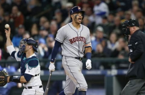 Apr 10, 2017; Seattle, WA, USA; Houston Astros shortstop Carlos Correa (1) reacts after striking out with the bases loaded against the Seattle Mariners during the eighth inning at Safeco Field. Seattle defeated Houston 6-0. Mandatory Credit: Joe Nicholson-USA TODAY Sports