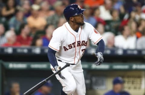 Sep 14, 2016; Houston, TX, USA; Houston Astros left fielder Teoscar Hernandez (35) hits a two run home run during the second inning against the Texas Rangers at Minute Maid Park. Mandatory Credit: Troy Taormina-USA TODAY Sports