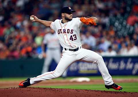 May 23, 2017; Houston, TX, USA; Houston Astros starting pitcher McCullers Jr. (43) delivers a pitch during the second inning against the Detroit Tigers at Minute Maid Park. Mandatory Credit: Troy Taormina-USA TODAY Sports