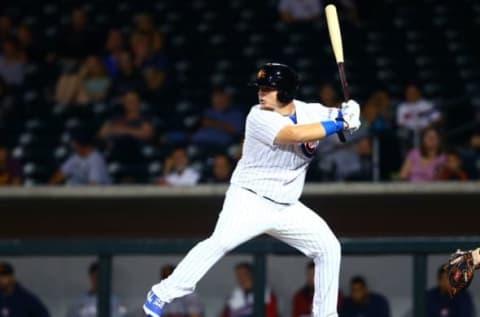 Oct. 9, 2014; Mesa, AZ, USA; Chicago Cubs first baseman Dan Vogelbach plays for the Mesa Solar Sox against the Salt River Rafters during an Arizona Fall League game at Cubs Park. Mandatory Credit: Mark J. Rebilas-USA TODAY Sports