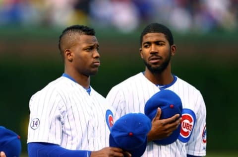 Jul 8, 2015; Chicago, IL, USA; Chicago Cubs outfielder Jorge Soler (left) and Dexter Fowler against the St. Louis Cardinals at Wrigley Field. Mandatory Credit: Mark J. Rebilas-USA TODAY Sports