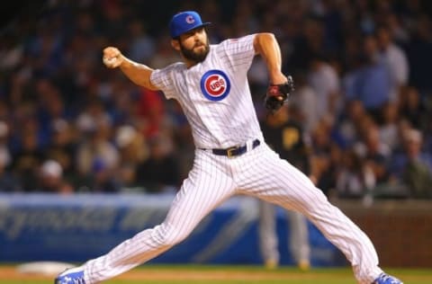 Sep 27, 2015; Chicago, IL, USA; Chicago Cubs starting pitcher Jake Arrieta (49) delivers a pitch during the first inning against the Pittsburgh Pirates at Wrigley Field. Mandatory Credit: Dennis Wierzbicki-USA TODAY Sports