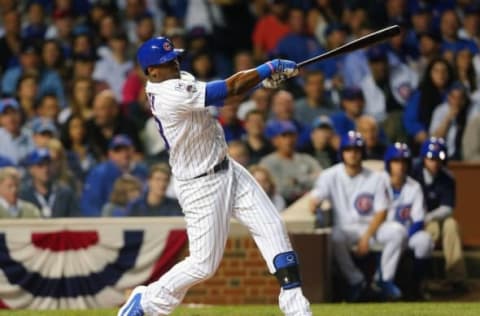 October 20, 2015; Chicago, IL, USA; Chicago Cubs right fielder Jorge Soler (68) hits a single in the fifth inning against the New York Mets in game four of the NLCS at Wrigley Field. Mandatory Credit: Dennis Wierzbicki-USA TODAY Sports