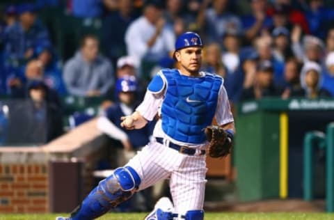 Jul 8, 2015; Chicago, IL, USA; Chicago Cubs catcher Miguel Montero against the St. Louis Cardinals at Wrigley Field. Mandatory Credit: Mark J. Rebilas-USA TODAY Sports