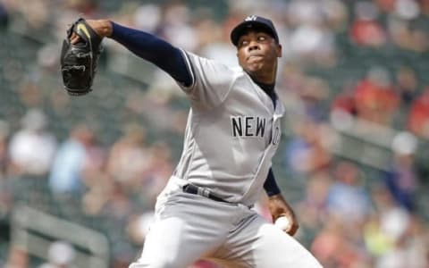 Jun 18, 2016; Minneapolis, MN, USA; New York Yankees relief pitcher Aroldis Chapman (54) pitches to the Minnesota Twins in the ninth inning at Target Field. The Yankees win 7-6. Mandatory Credit: Bruce Kluckhohn-USA TODAY Sports