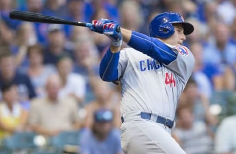 Jul 22, 2016; Milwaukee, WI, USA; Chicago Cubs first baseman Anthony Rizzo (44) drives in a run during the second inning against the Milwaukee Brewers at Miller Park. Mandatory Credit: Jeff Hanisch-USA TODAY Sports