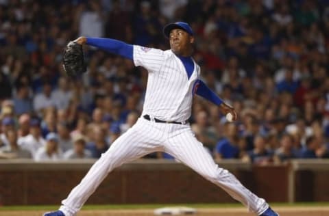 Aug 11, 2016; Chicago, IL, USA; Chicago Cubs relief pitcher Aroldis Chapman (54) delivers against the St. Louis Cardinals during the ninth inning at Wrigley Field. Mandatory Credit: Kamil Krzaczynski-USA TODAY Sports