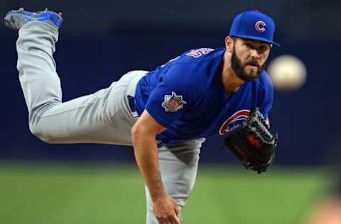 Aug 23, 2016; San Diego, CA, USA; Chicago Cubs starting pitcher Jake Arrieta (49) pitches during the first inning against the San Diego Padres at Petco Park. Mandatory Credit: Jake Roth-USA TODAY Sports