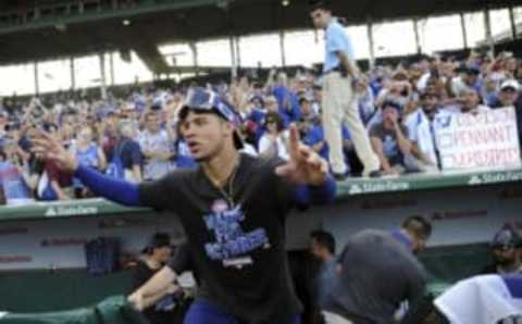 Sep 16, 2016; Chicago, IL, USA; Chicago Cubs catcher Willson Contreras (40) acknowledges the crowd after the cCubs celebrated their 2016 division championship at Wrigley Field. Mandatory Credit: David Banks-USA TODAY Sports