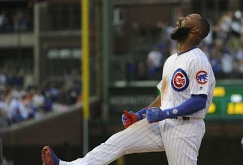 Sep 4, 2016; Chicago, IL, USA; Cubs right fielder Jason Heyward (22) celebrates after his game winning RBI single against the San Francisco Giants in the thirteenth inning of their game at Wrigley Field. The Chicago Cubs beat the San Francisco Giants 3-2. Mandatory Credit: Matt Marton-USA TODAY Sports