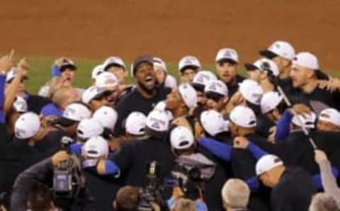 Oct 11, 2016; San Francisco, CA, USA; The Chicago Cubs celebrate after defeating the San Francisco Giants during game four of the 2016 NLDS playoff baseball game at AT&T Park. Mandatory Credit: Kelley L Cox-USA TODAY Sports