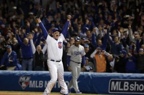 Oct 22, 2016; Chicago, IL, USA; Chicago Cubs first baseman Anthony Rizzo (44) reacts after defeating the Los Angeles Dodgers in game six of the 2016 NLCS playoff baseball series at Wrigley Field. Cubs win 5-0 to advance to the World Series. Mandatory Credit: Jon Durr-USA TODAY Sports