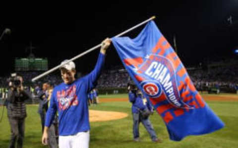 Oct 22, 2016; Chicago, IL, USA; Chicago Cubs first baseman Anthony Rizzo (44) celebrates defeating the Los Angeles Dodgers in game six of the 2016 NLCS playoff baseball series at Wrigley Field. Cubs win 5-0 to advance to the World Series. Mandatory Credit: Jerry Lai-USA TODAY Sports