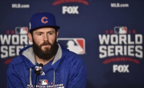 Oct 25, 2016; Cleveland, OH, USA; Chicago Cubs starting pitcher Jake Arrieta speaks to the media before game one of the 2016 World Series against the Cleveland Indians at Progressive Field. Mandatory Credit: David Richard-USA TODAY Sports