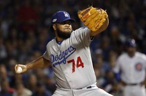 Oct 16, 2016; Chicago, IL, USA; Los Angeles Dodgers relief pitcher Kenley Jansen (74) pitches during the eighth inning against the Chicago Cubs in game two of the 2016 NLCS playoff baseball series at Wrigley Field. Mandatory Credit: Jon Durr-USA TODAY Sports