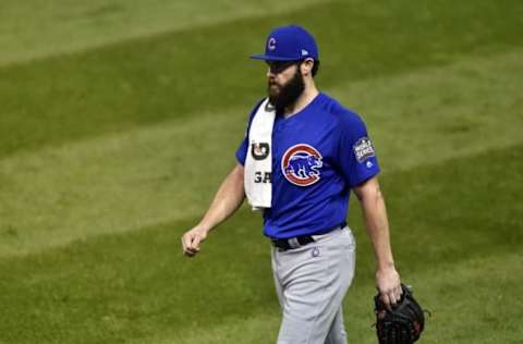 Nov 1, 2016; Cleveland, OH, USA; Chicago Cubs starting pitcher Jake Arrieta walks to the dugout before game six of the 2016 World Series against the Cleveland Indians at Progressive Field. Mandatory Credit: David Richard-USA TODAY Sports