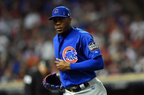 Nov 1, 2016; Cleveland, OH, USA; Chicago Cubs relief pitcher Aroldis Chapman is relieved in the 9th inning against the Cleveland Indians in game six of the 2016 World Series at Progressive Field. Mandatory Credit: Tommy Gilligan-USA TODAY Sports