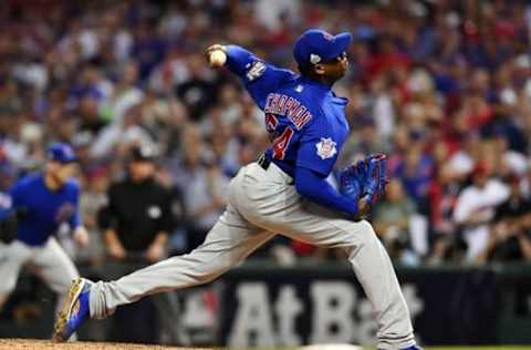 Nov 2, 2016; Cleveland, OH, USA; Chicago Cubs relief pitcher Aroldis Chapman throws against the Cleveland Indians in the 8th inning in game seven of the 2016 World Series at Progressive Field. Mandatory Credit: Ken Blaze-USA TODAY Sports