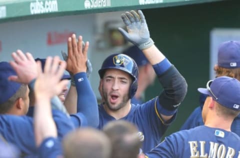 Sep 17, 2016; Chicago, IL, USA; Milwaukee Brewers left fielder Ryan Braun (8) is congratulated for hitting a two RBI home run during the sixth inning against the Chicago Cubs at Wrigley Field. Mandatory Credit: Dennis Wierzbicki-USA TODAY Sports