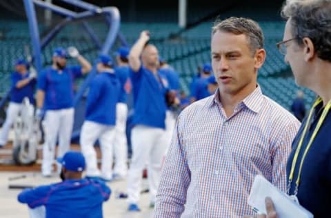 Oct 14, 2016; Chicago, IL, USA; Jed Hoyer, General Manager for the Chicago Cubs, talks with media during workouts the day prior to the start of the NLCS baseball series at Wrigley Field. Mandatory Credit: Jon Durr-USA TODAY Sports